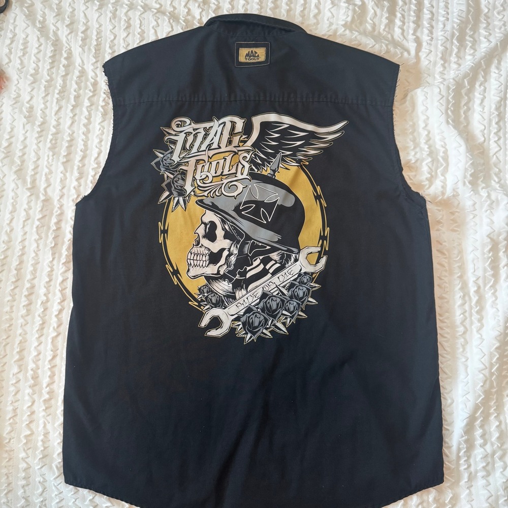 Mac Tools Men Sz L Sleeveless Work Shirt Black Skull Embroidered Graphic Wrench
